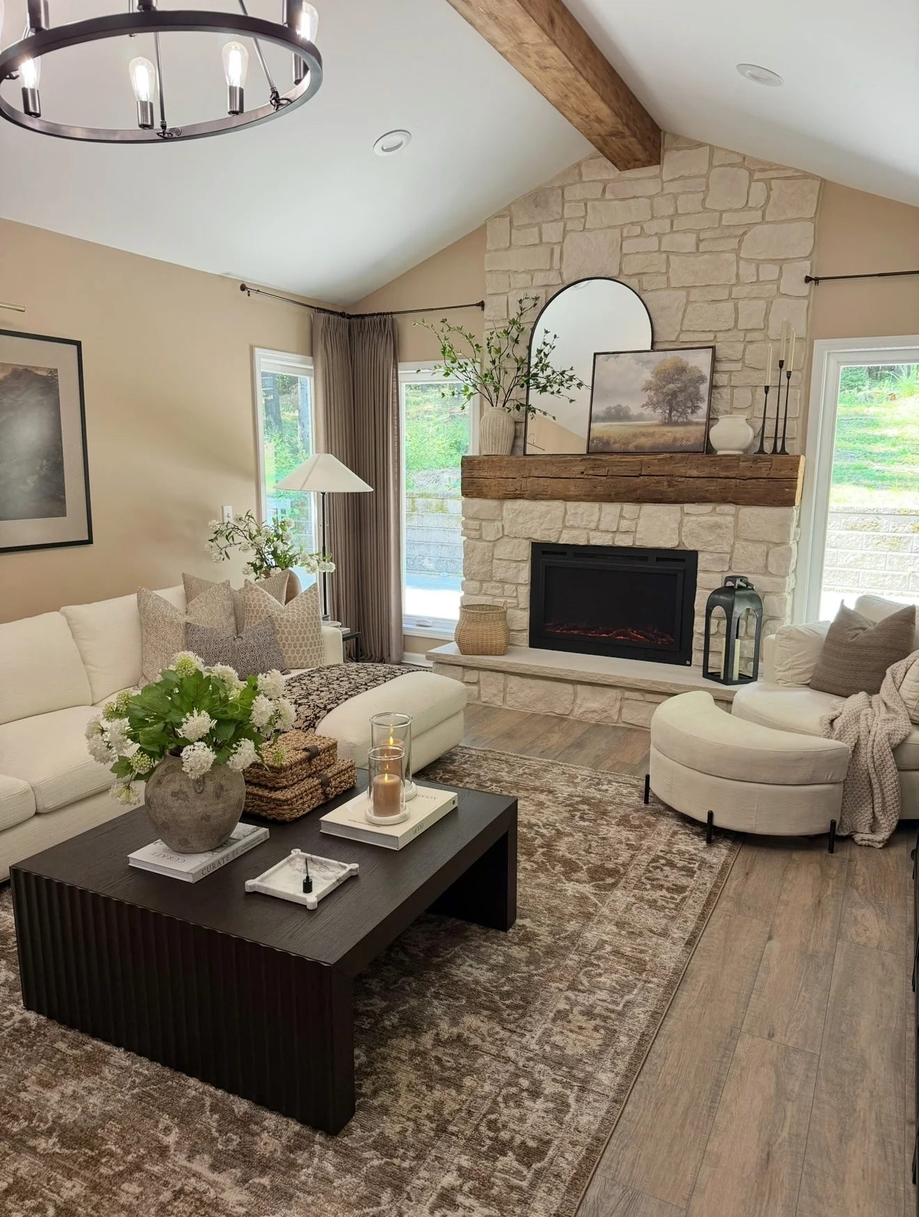 6. Transitional Hearth with Stone and Texture (Dark Wood Floor Living Room Ideas)