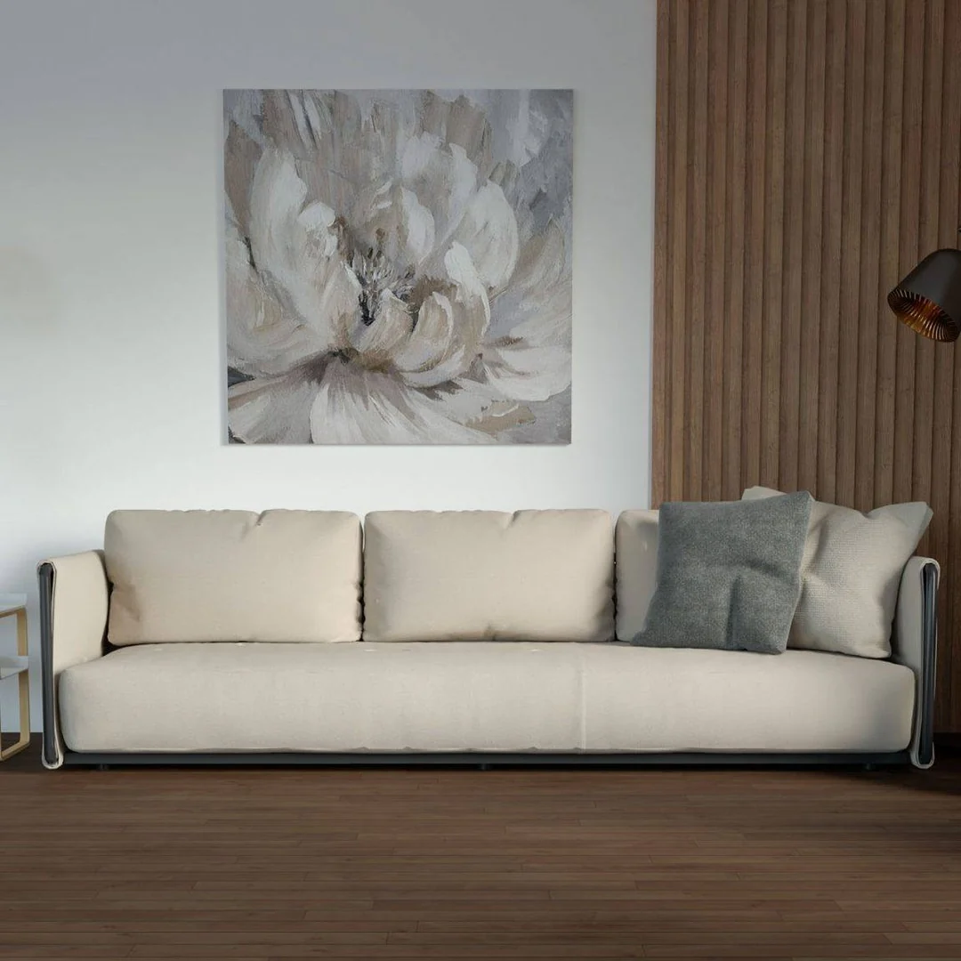 12. Soft Contrast with Floral Neutral Accents (Dark Wood Floor Living Room Ideas)