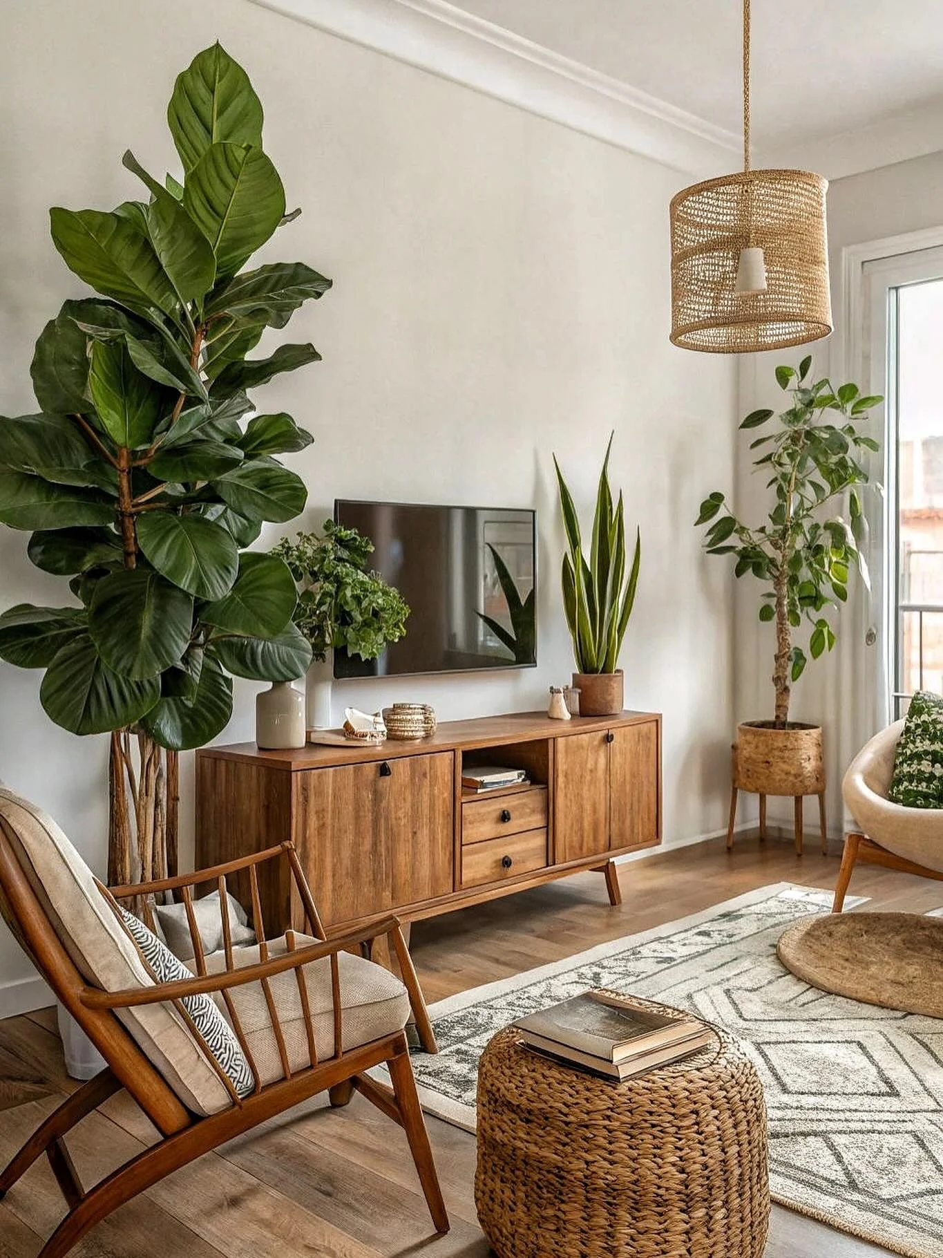 9. Midcentury Botanica with Natural Warmth (Dark Wood Floor Living Room Ideas)