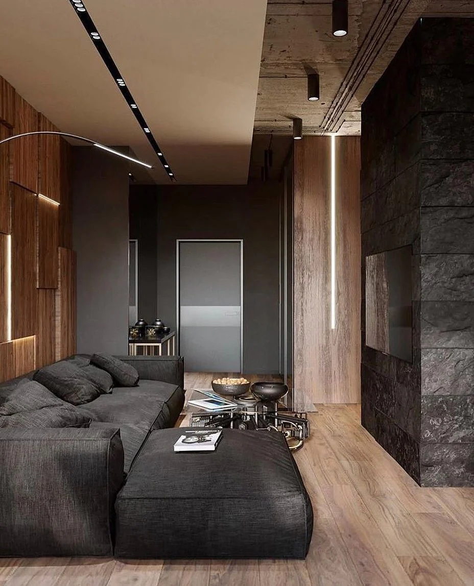 11. Monochrome Drama with Industrial Texture (Dark Wood Floor Living Room Ideas)