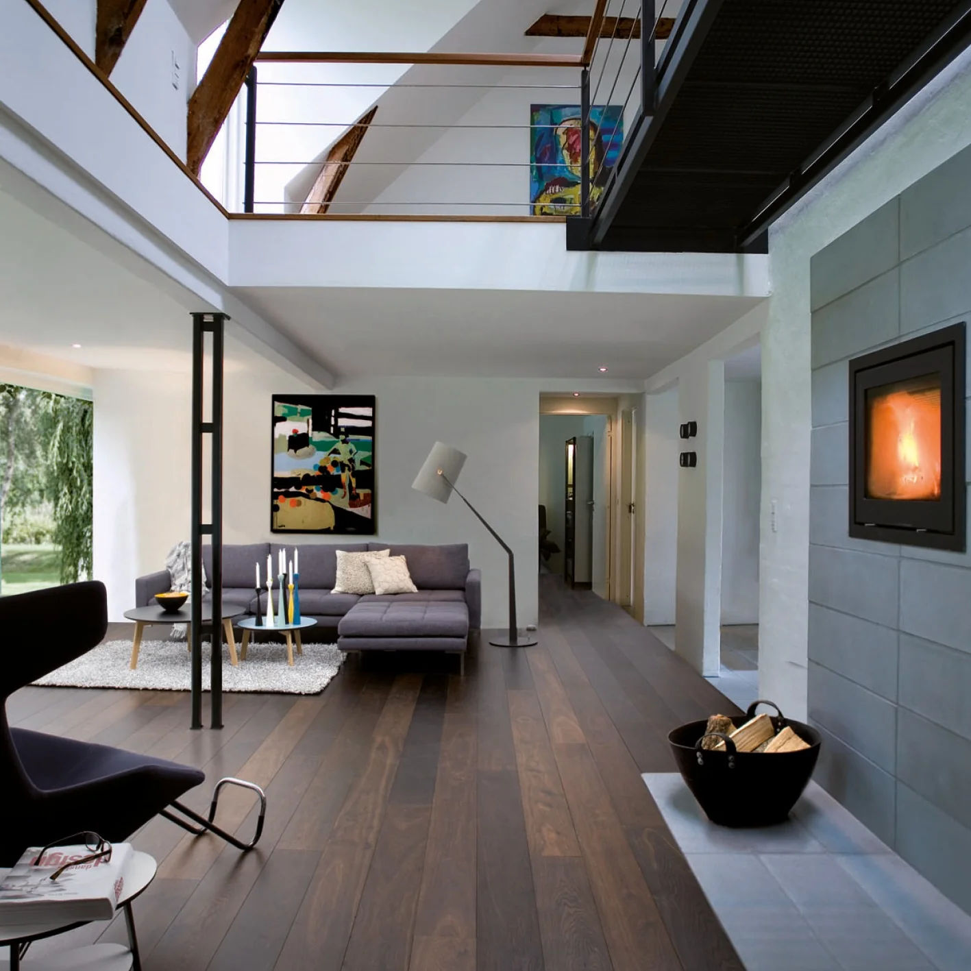 13. Contemporary Loft with Graphic Punch (Dark Wood Floor Living Room Ideas)