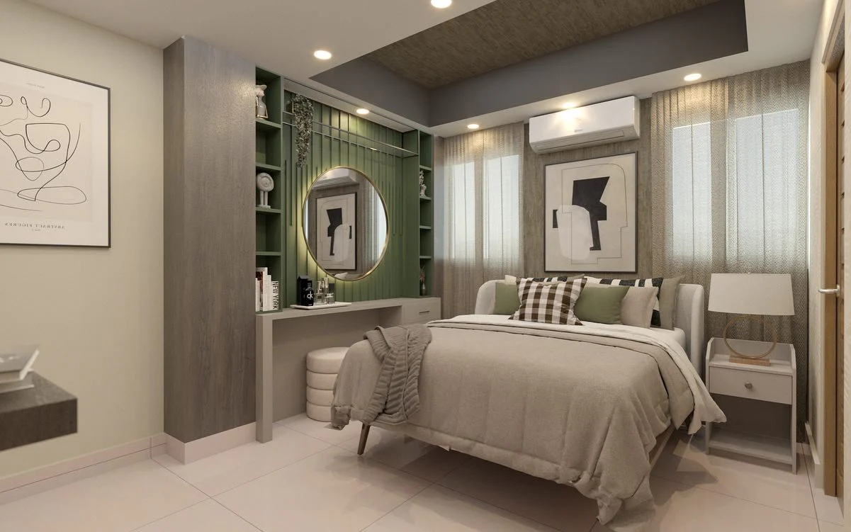 4. Contemporary Neutrals with Olive Accents (Cool Bedroom Ideas)