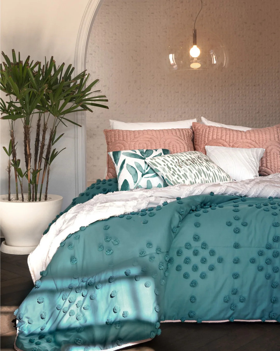 5. Tropical Layers with Soft Coral and Teal (Cool Bedroom Ideas)