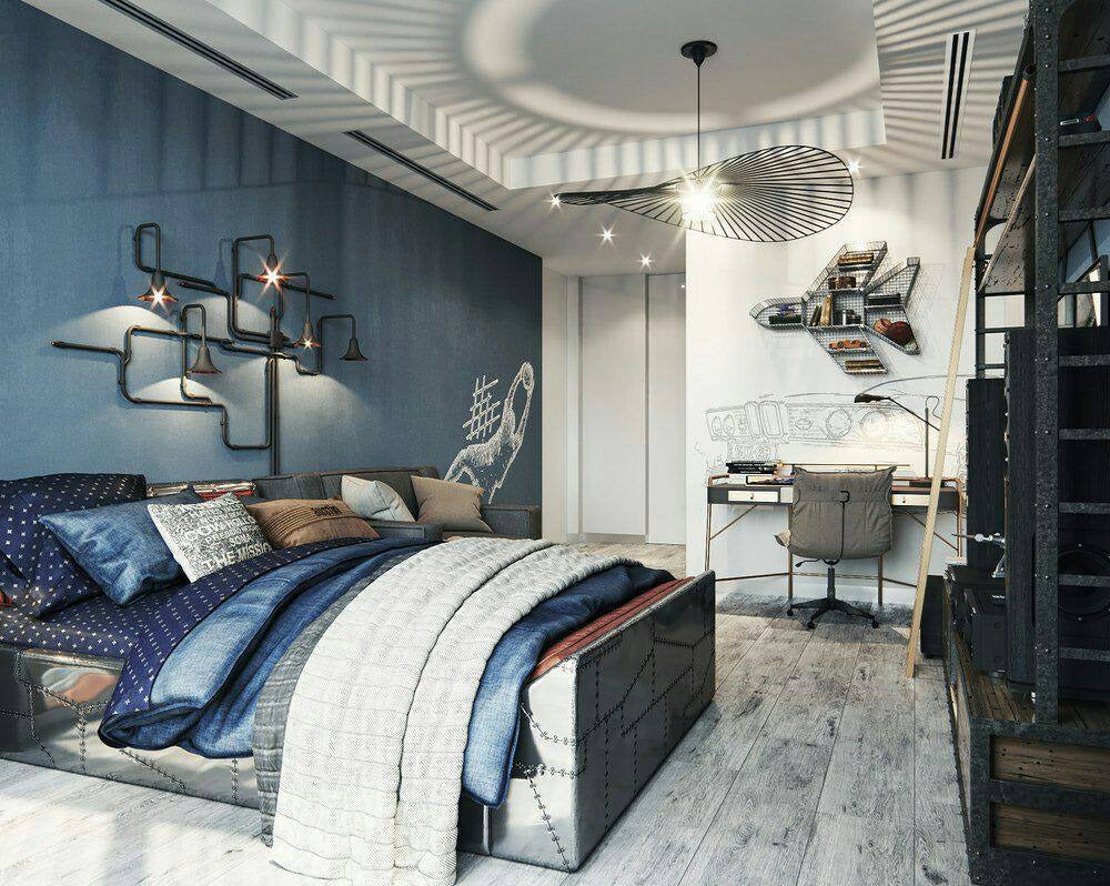 10. Industrial Graphic with Navy and Steel (Cool Bedroom Ideas)