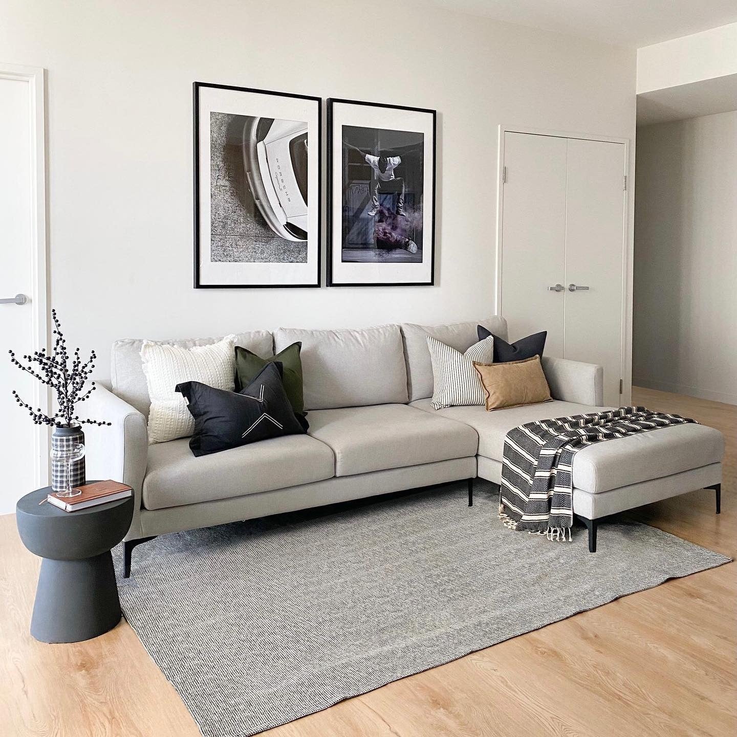 4. Clean Minimalist Layout in Soft Gray (Sectional Living Room Ideas)