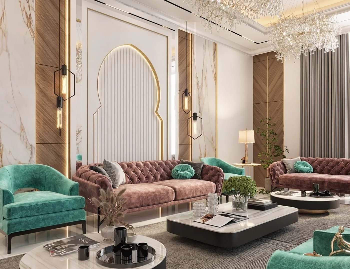 2. Velvet Glamour and Modern Opulence (Elegant Living Room Ideas)