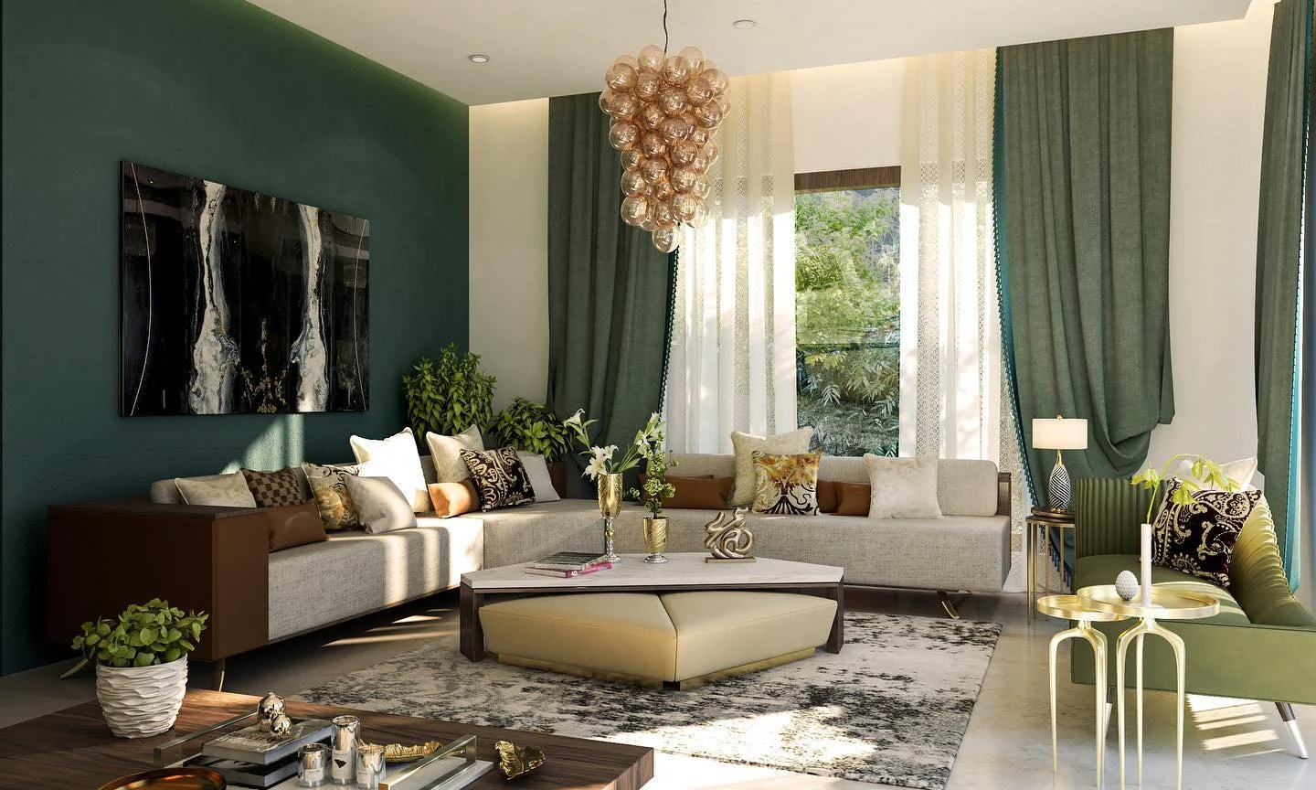9. Emerald Accents and Rich Neutrals (Elegant Living Room Ideas)