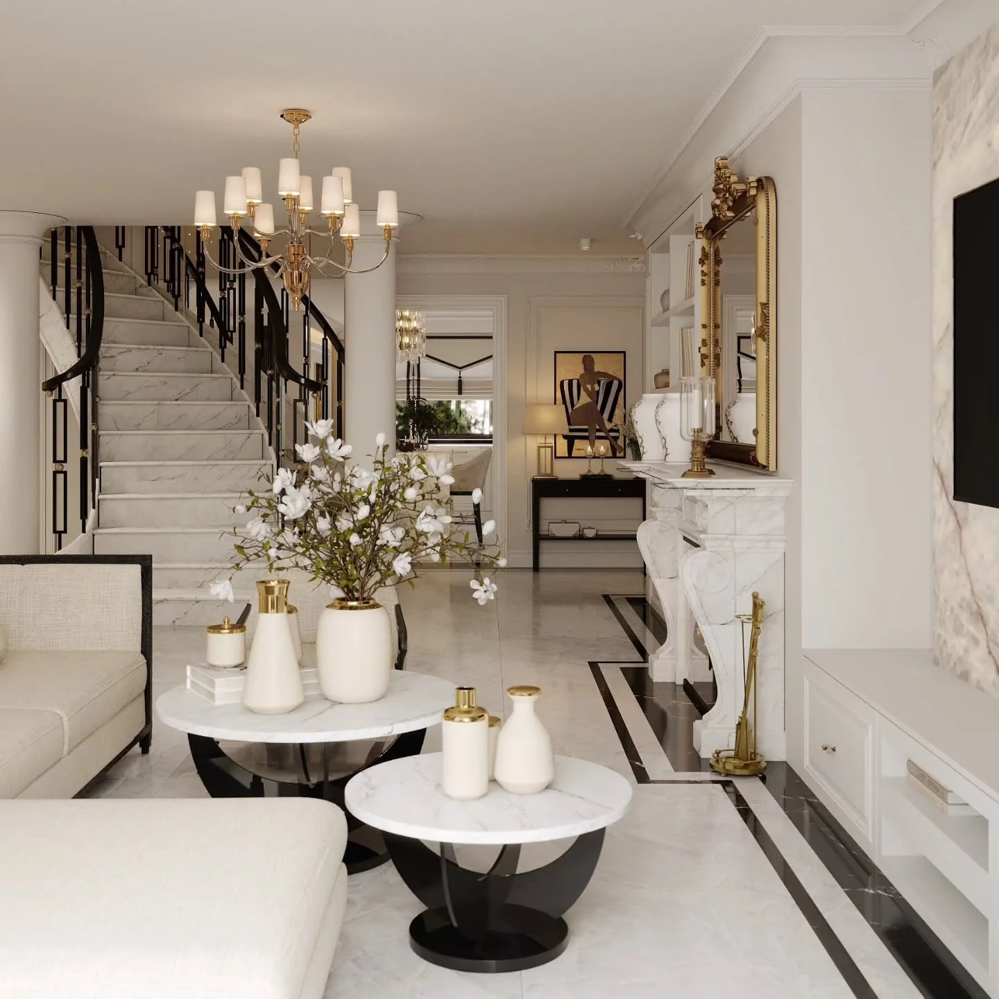 12. Modern Regency with Monochrome and Gold Accents (Elegant Living Room Ideas)
