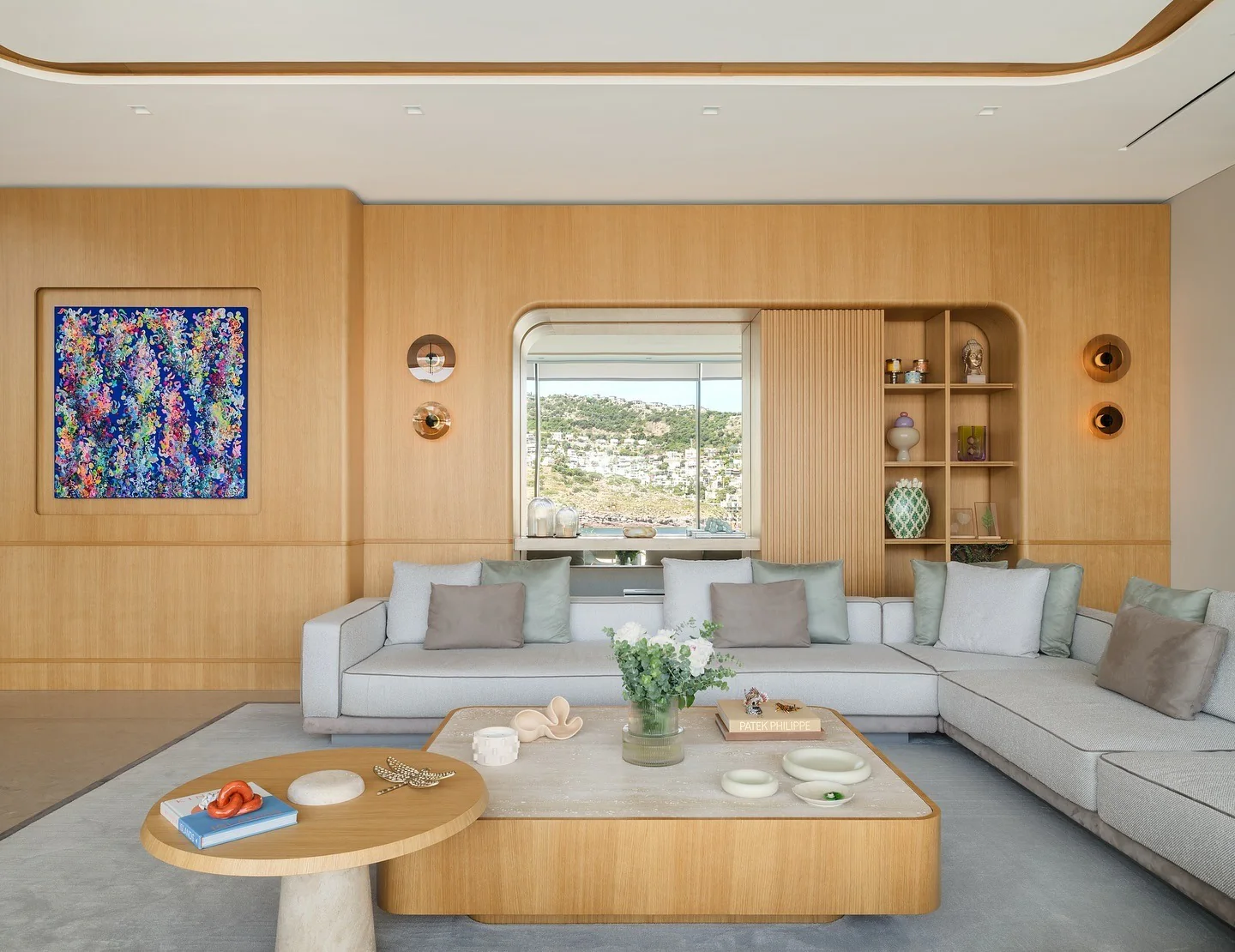 8. Contemporary Coastal with Built-in Warmth (Mirrors in Living Room Ideas)