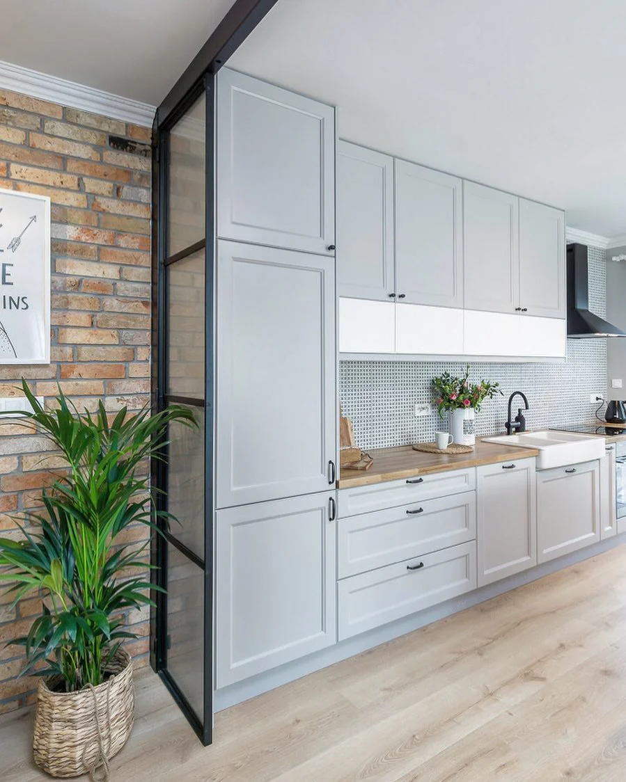 11. Industrial Light Gray with Brick Accent (Light Gray Kitchen Ideas)