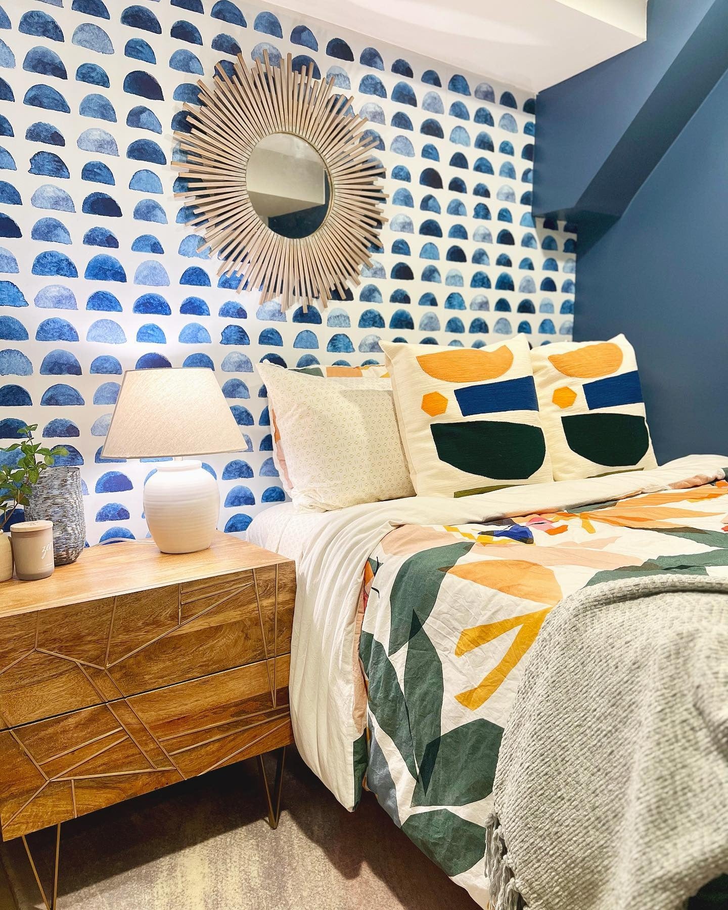 4. Bold Play with Mid-Century Patterns (Basement Bedroom Ideas)