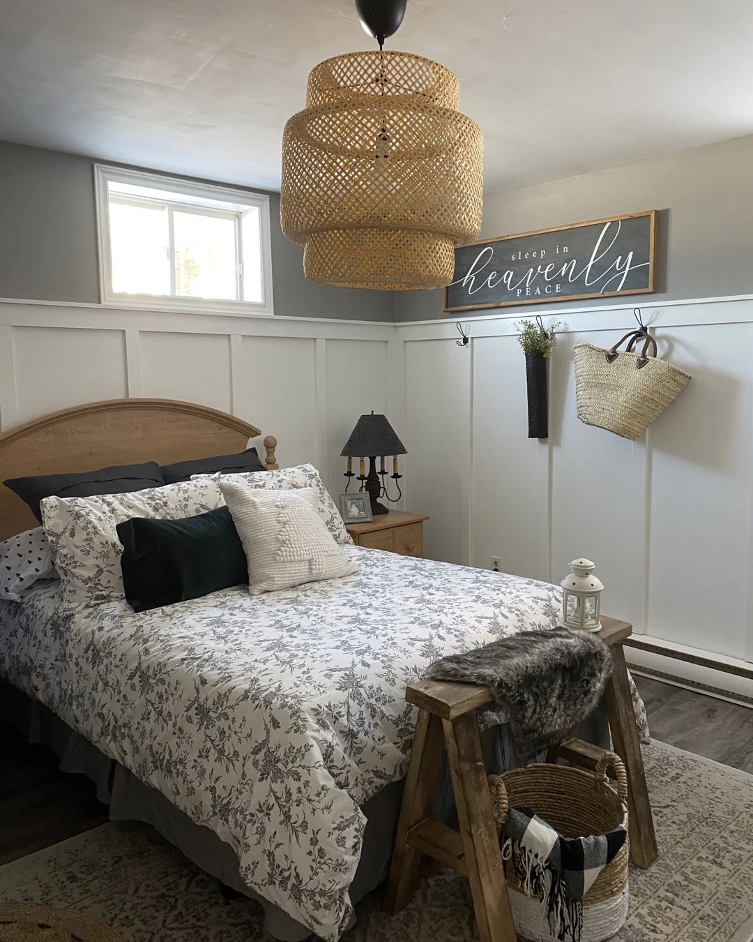 9. Farmhouse Texture with Soft Florals (Basement Bedroom Ideas)