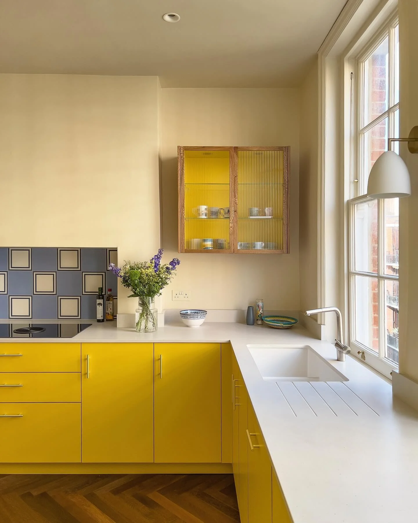 4. Mid-Century Inspired Minimalism with Square Tiles (Yellow Kitchen Ideas)