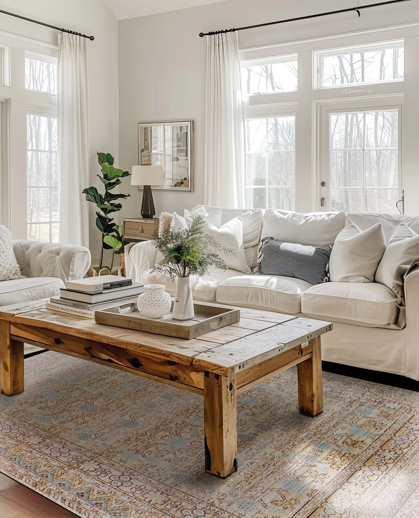 8. Rustic Farmhouse Lightness in Cream and Natural Wood (Home Decor Ideas for Living Room)