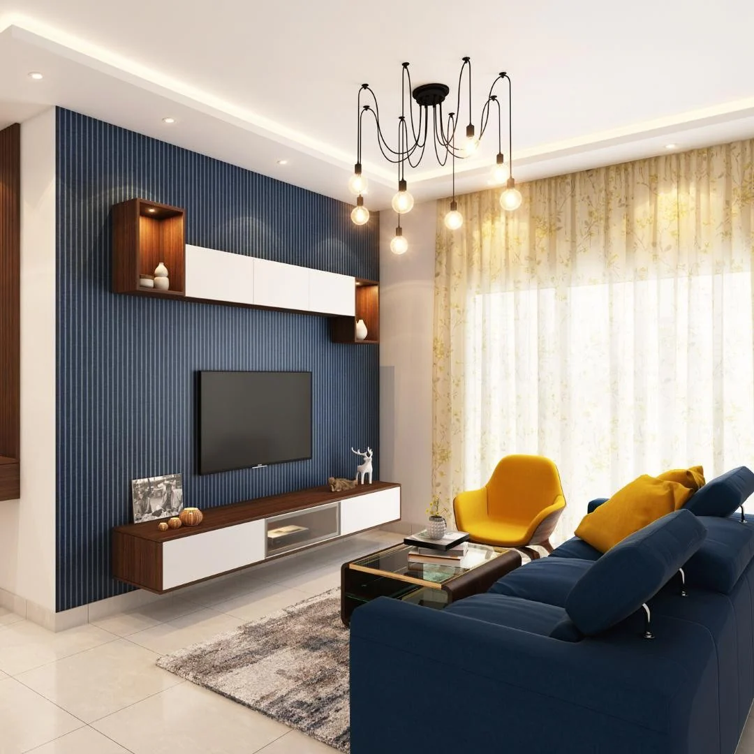 4. Contemporary Edge with Golden Yellow Contrast (Royal Blue Living Room Ideas)