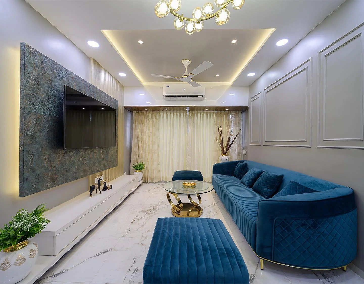 13. Linear Harmony with Quilted Velvet and Brass Details (Royal Blue Living Room Ideas)