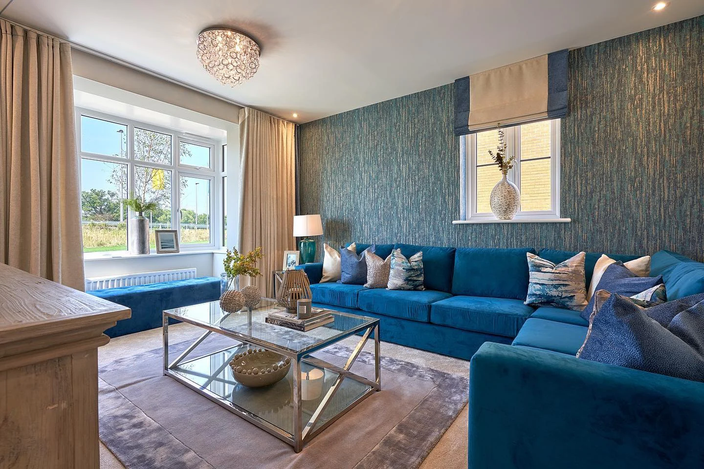 15. Textured Teal Composition with Layered Neutrals (Royal Blue Living Room Ideas)
