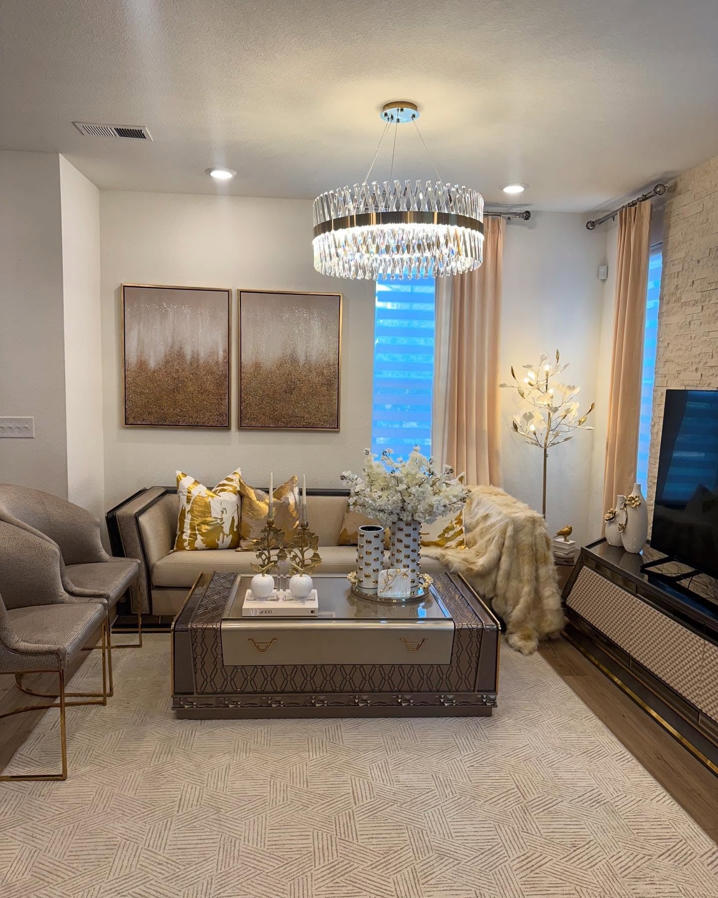 3. Crystal and Warm Gold for a Luxe Glow (Lighting Ideas for Living Room)