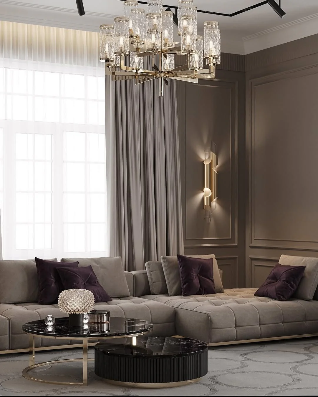 7. Muted Glamour with Crystal and Velvet Pairing (Lighting Ideas for Living Room)