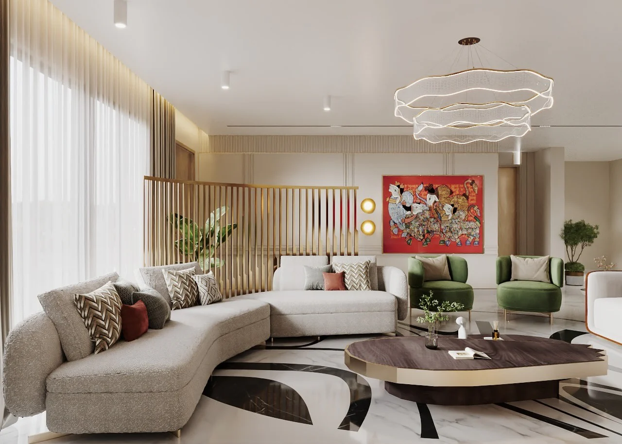 8. Playful Modern Lighting with Curved Sectional Layout (Lighting Ideas for Living Room)