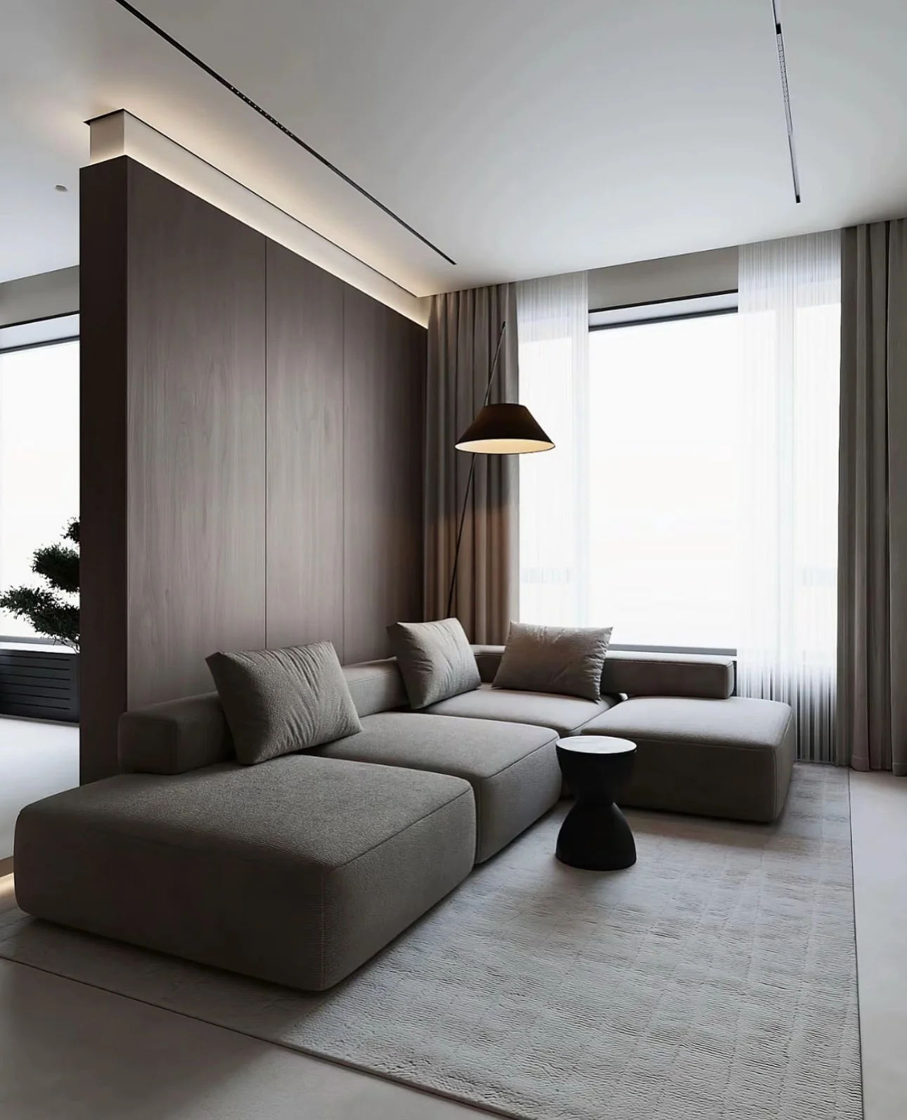 4. Ultra-Minimal with Dimensional Warmth (Dark Brown Living Room Ideas)