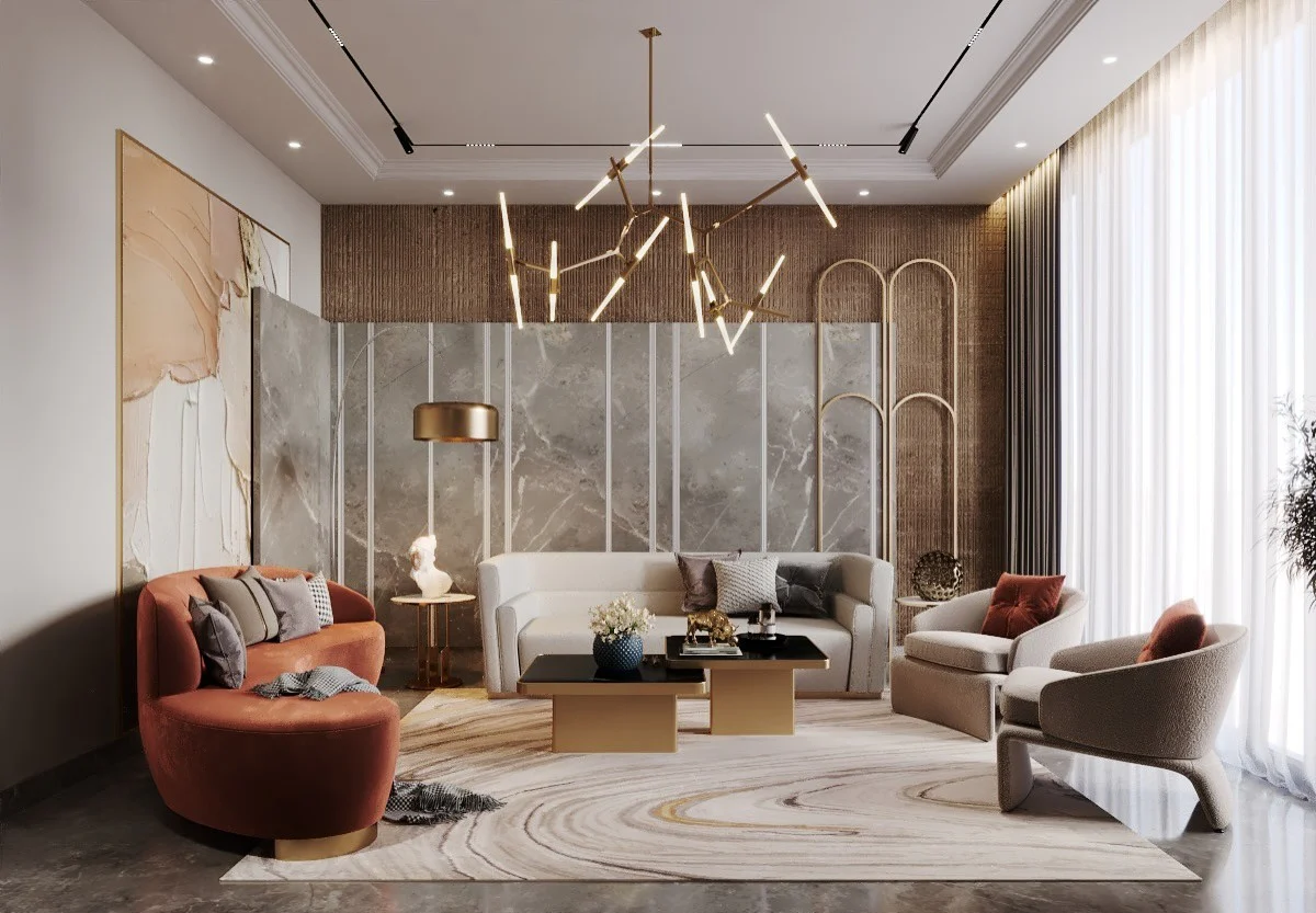 2. Mid-Century Drama with Modern Geometry (Dark Brown Living Room Ideas)