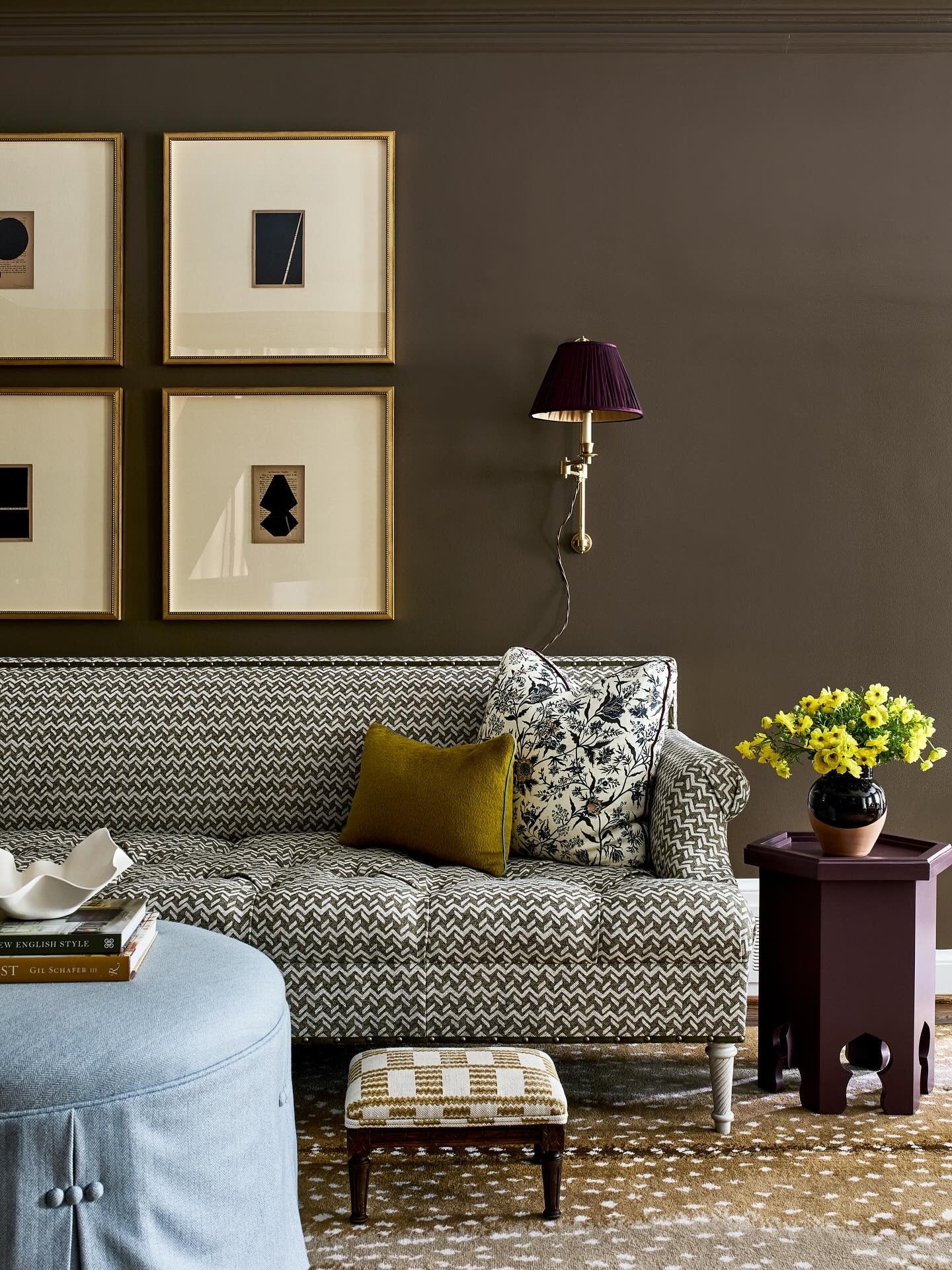 3. Pattern-Forward Vintage Chic (Dark Brown Living Room Ideas)