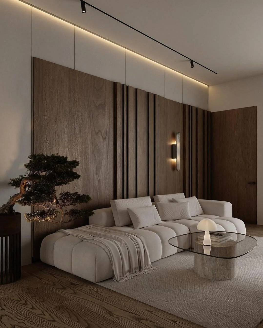 8. Modern Zen with Sculpted Lines (Dark Brown Living Room Ideas)