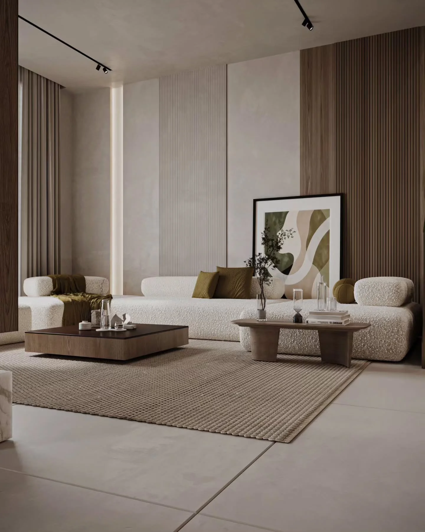 9. Streamlined Warmth with Graphic Contrast (Dark Brown Living Room Ideas)