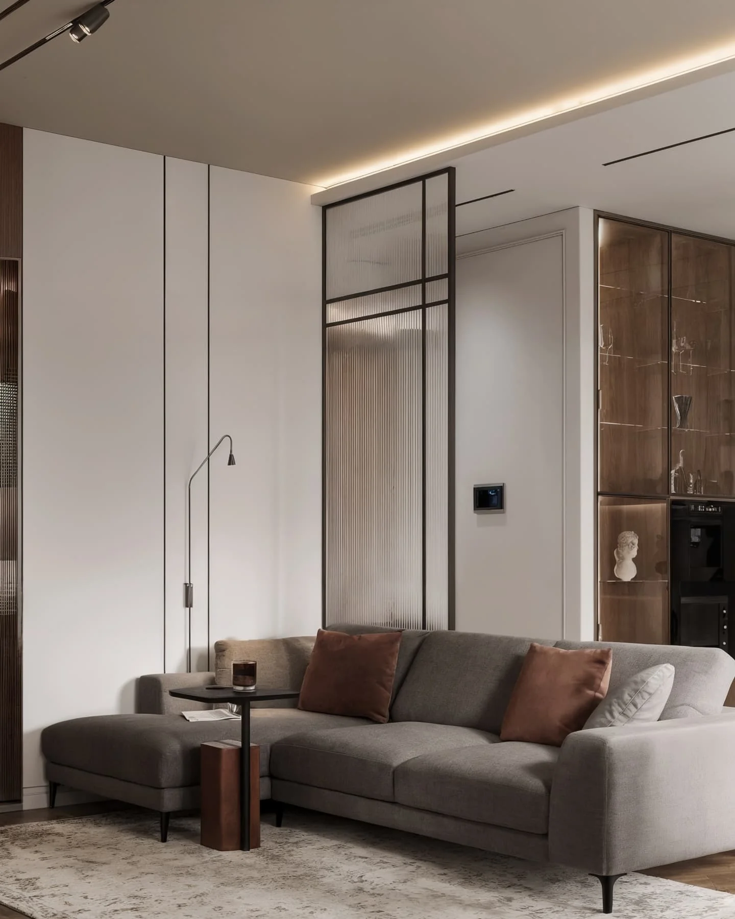 10. Tailored Modern with Architectural Clarity (Dark Brown Living Room Ideas)