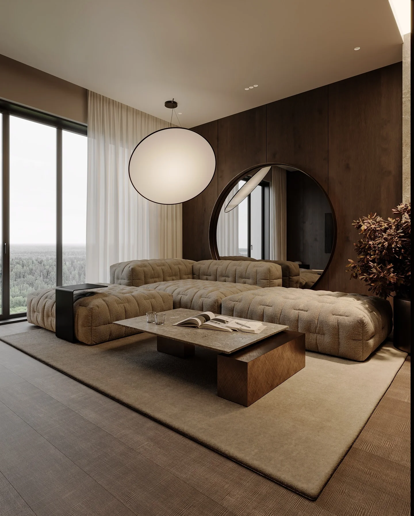 11. Muted Earth Tones with Architectural Geometry (Dark Brown Living Room Ideas)