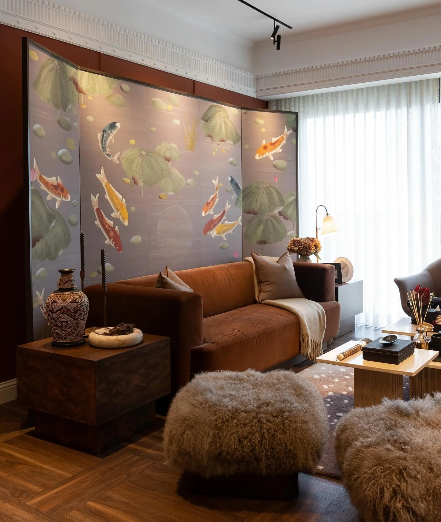 12. Playful Sophistication with Eastern Influence (Dark Brown Living Room Ideas)