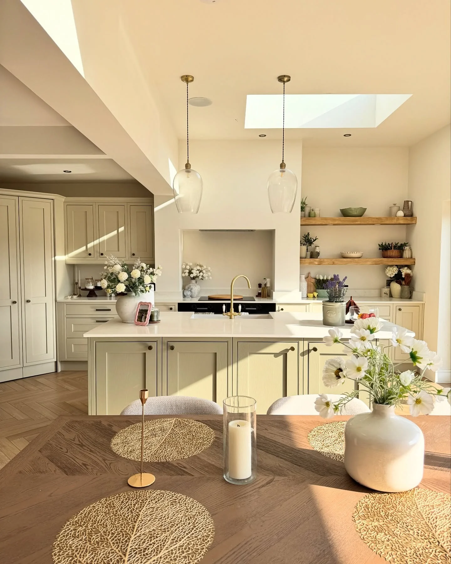 2. Soft Cream Cabinetry with Botanical Accents (Kitchen Ideas with Shelves)