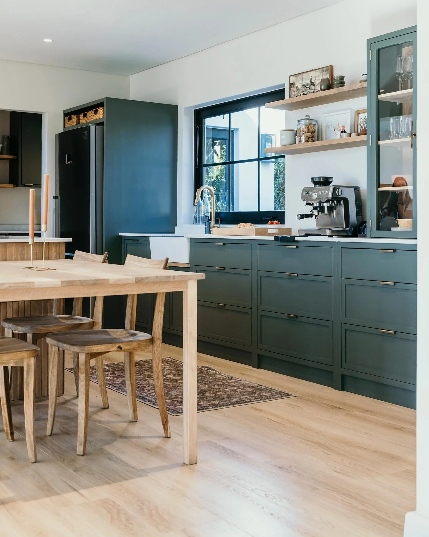 9. Deep Green Cabinetry with Oak Shelving (Kitchen Ideas with Shelves)