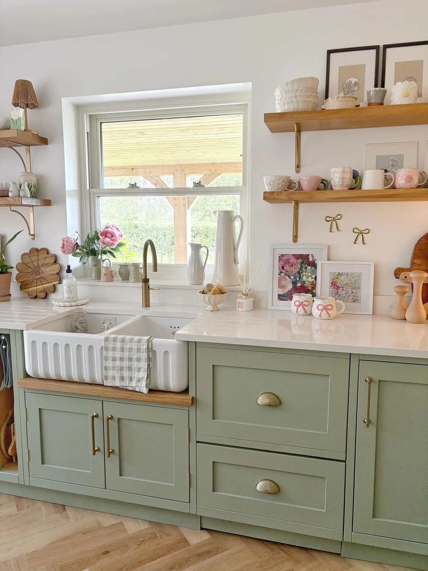 15. Playful Pastels and Soft Brass Fixtures (Kitchen Ideas with Shelves)