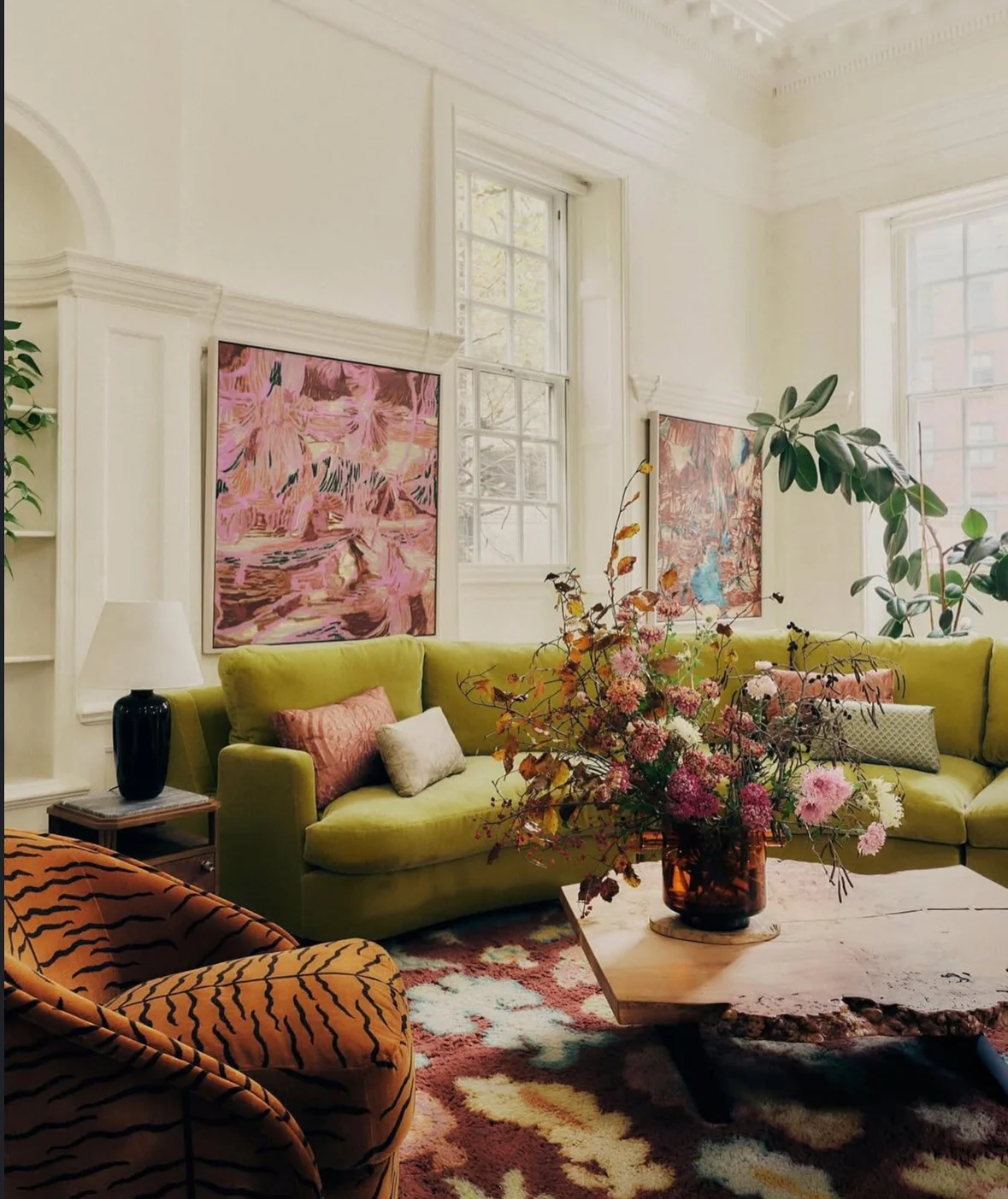 4. Classic-Modern Living Room with Olive Tones and Warm Wood (Green Couch Living Room Ideas)