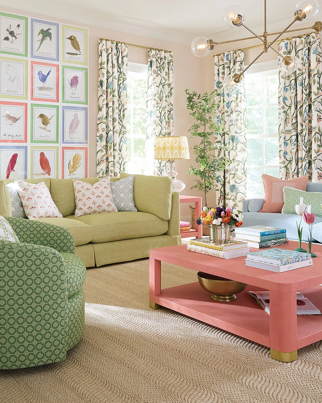 6. Cheerful Traditional Living Room with Pastel Green Sofa (Green Couch Living Room Ideas)