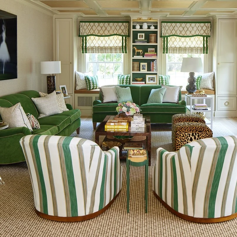 9. Tailored Traditional Room with Emerald and Leopard Accents (Green Couch Living Room Ideas)