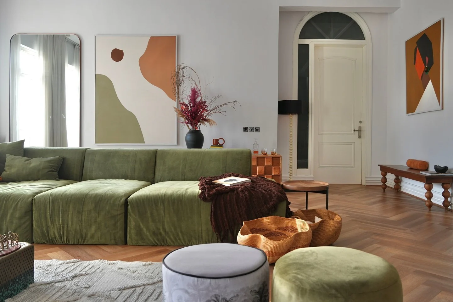 5. Minimalist Elegance with Soft Olive and Earthy Accents (Green Couch Living Room Ideas)