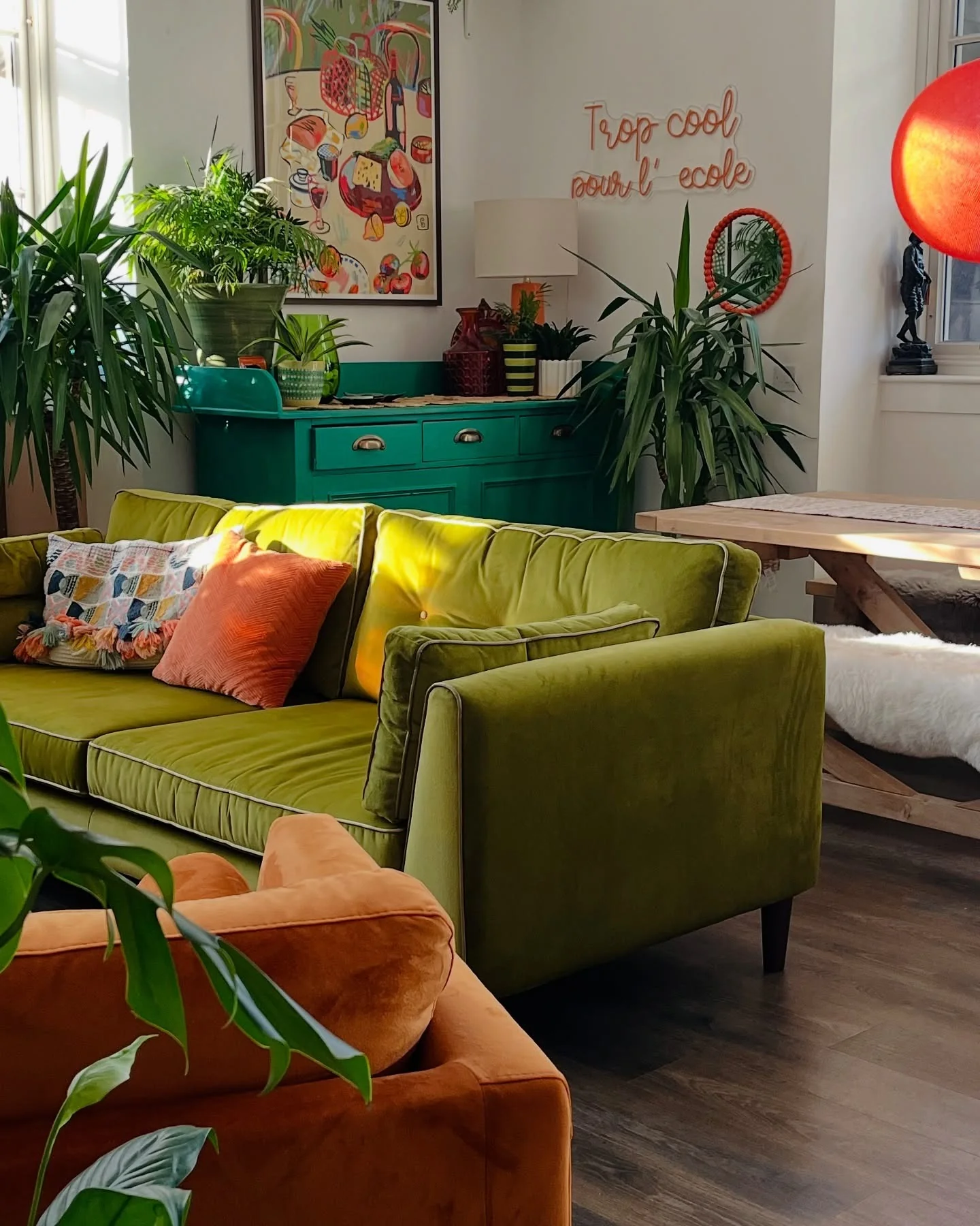 7. Retro-Inspired Living Space with Chartreuse and Teal Contrast (Green Couch Living Room Ideas)