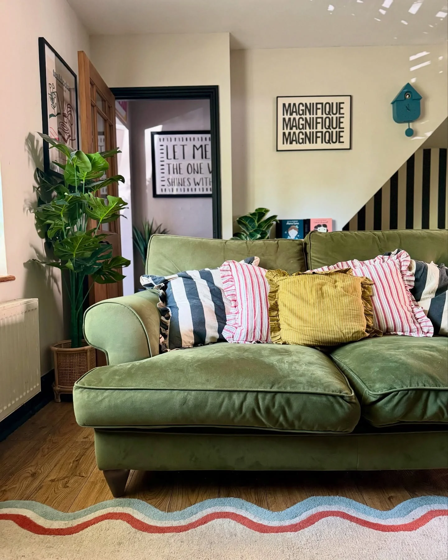 15. Pattern-Packed Family Room with Chartreuse Sofa (Green Couch Living Room Ideas)