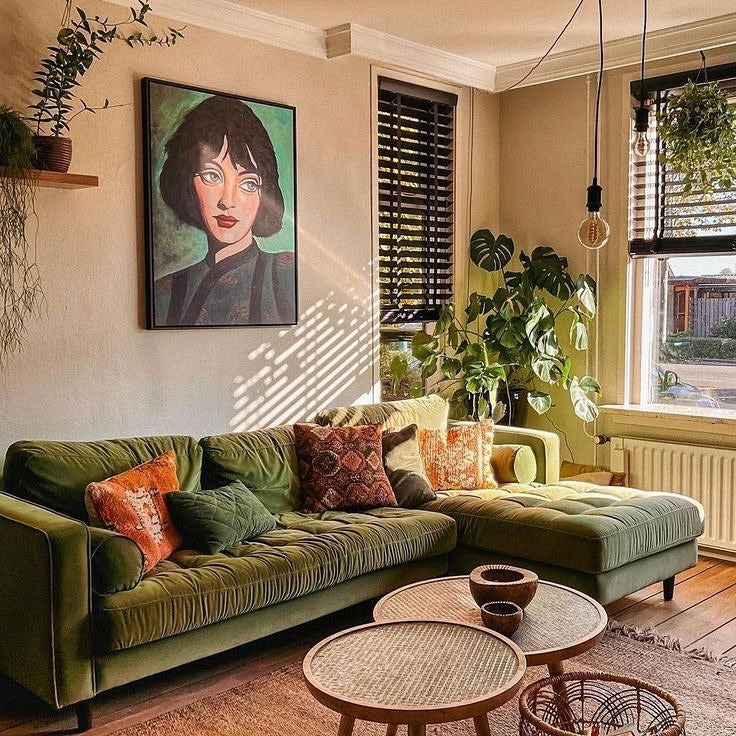 12. Boho Sun-Drenched Living Room with Olive Sectional (Green Couch Living Room Ideas)
