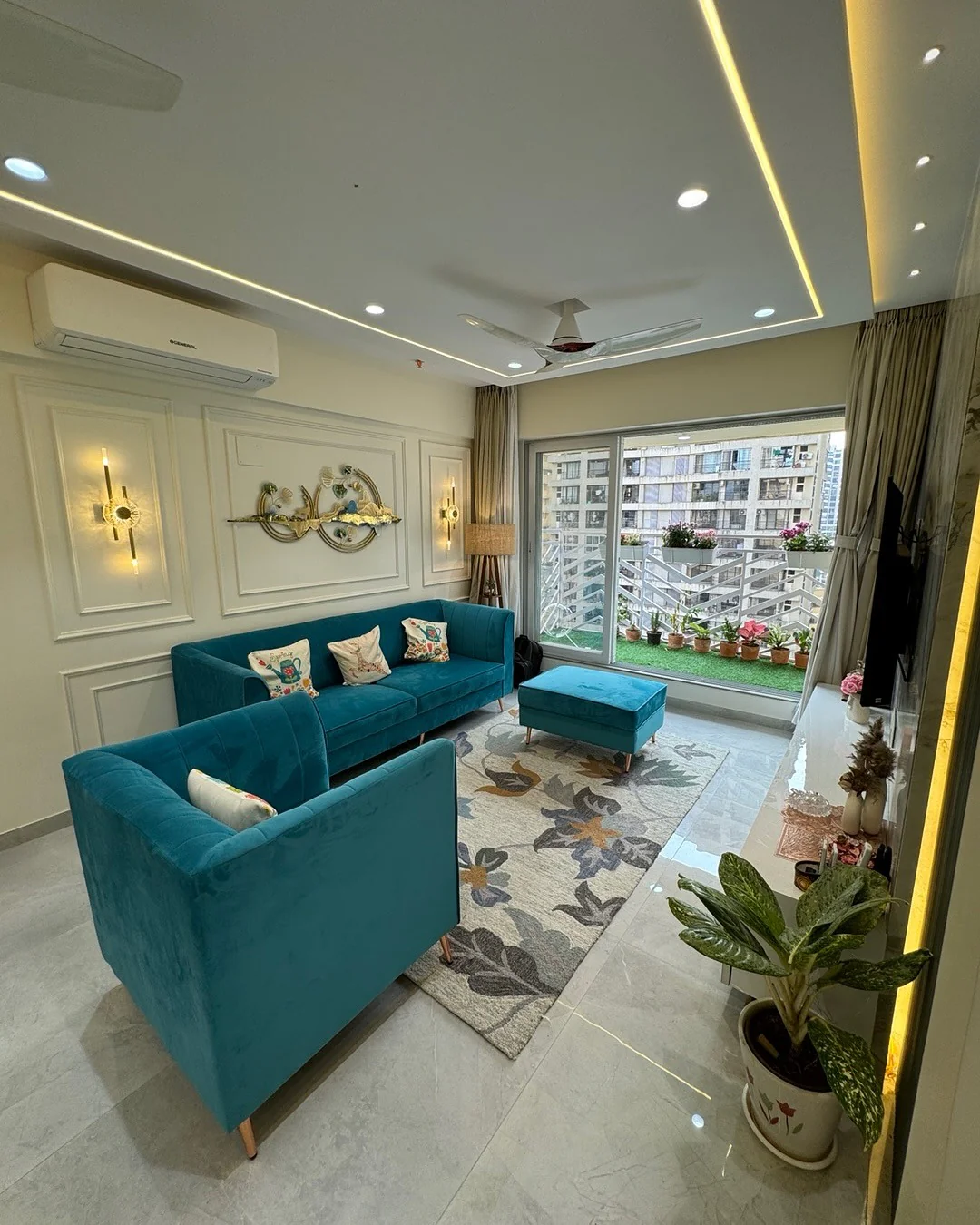 7. Teal Velvet Chic with Botanical Touches (Living Room Carpet Ideas)