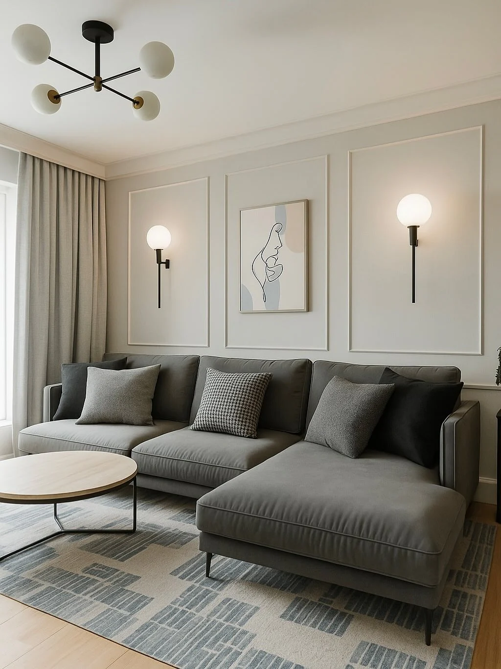 14. Modern Grey Scheme with Graphic Geometry (Living Room Carpet Ideas)