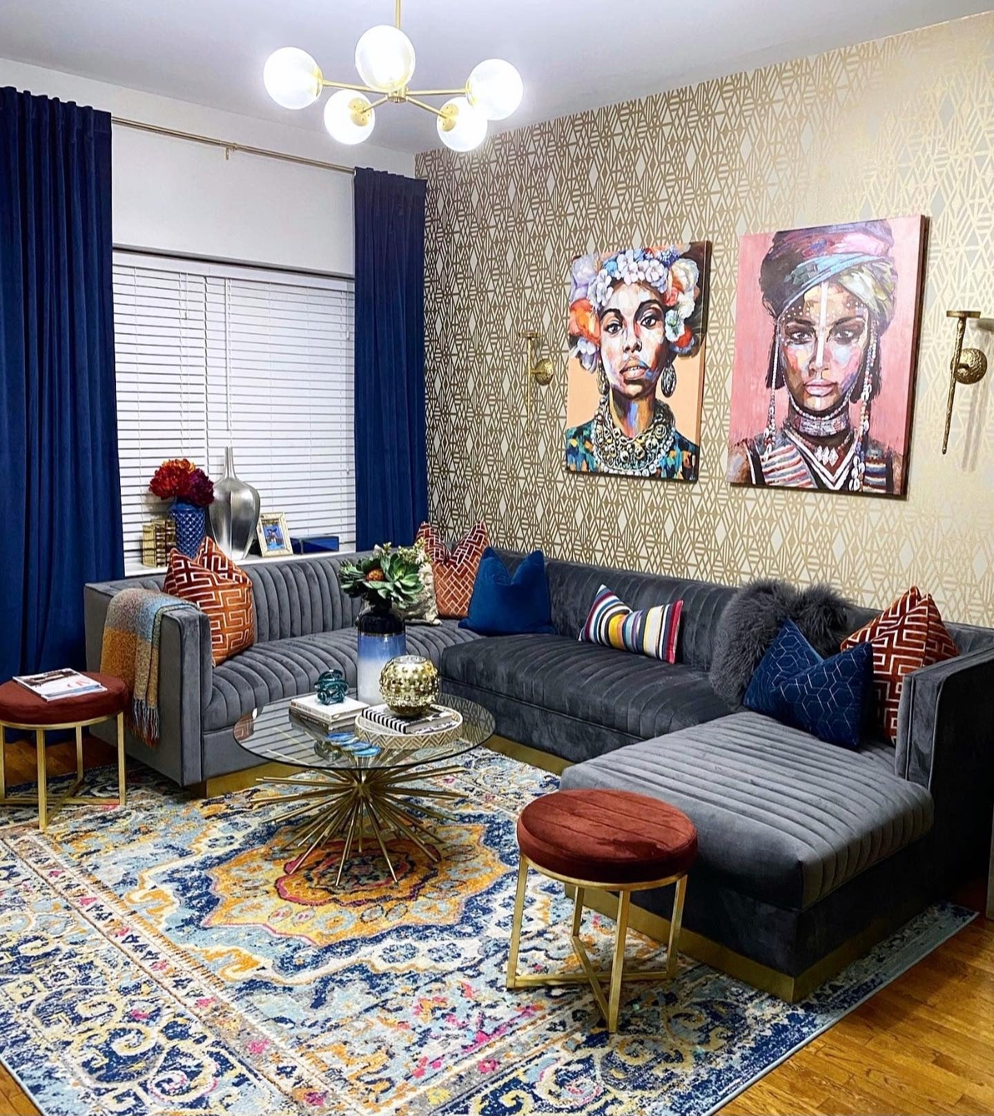 3. Eclectic Boldness with Jewel Tones (Glam Living Room Ideas)