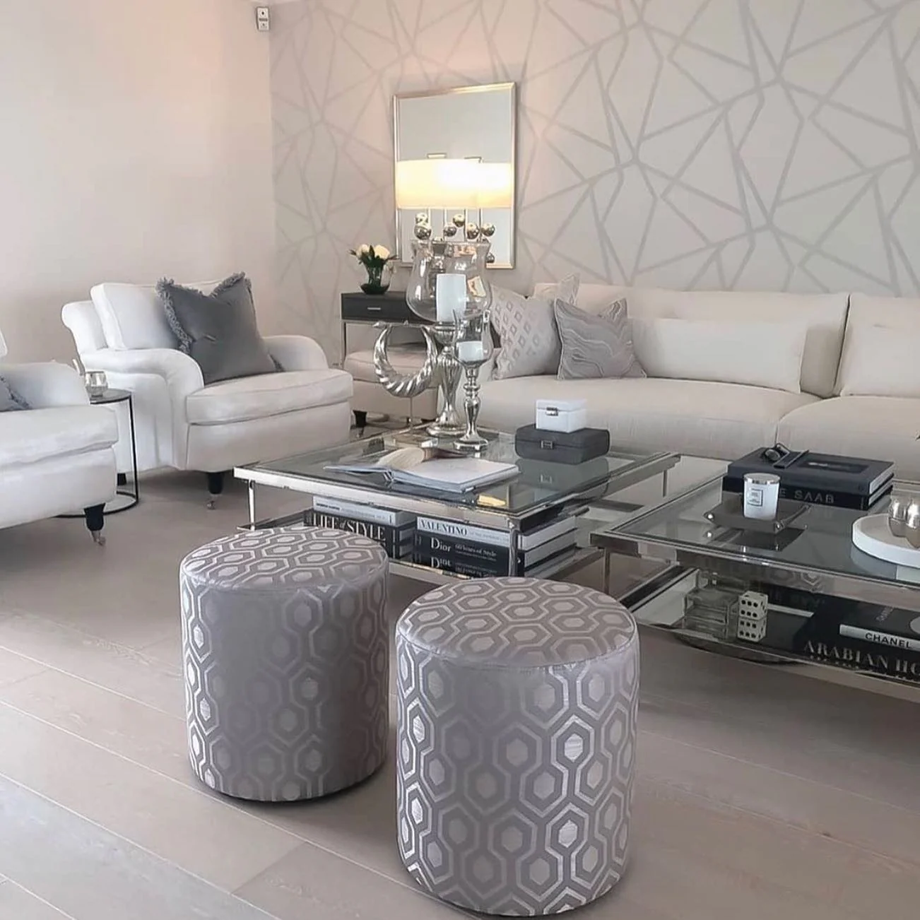 4. Modern Monochrome with Texture Layers (Glam Living Room Ideas)