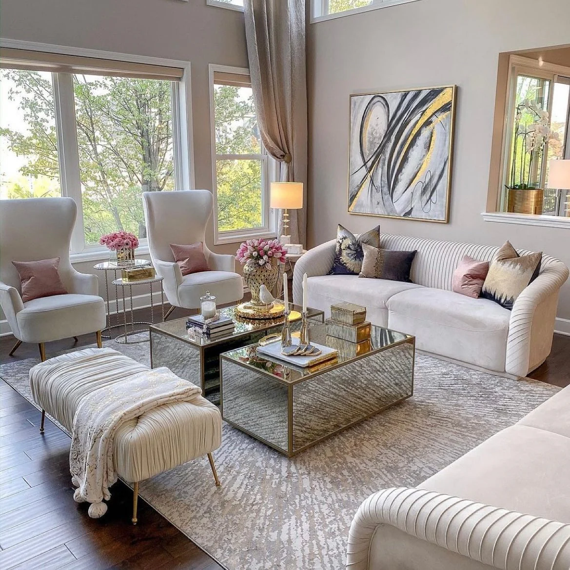 9. Refined Neutrals with Metallic Accents (Glam Living Room Ideas)