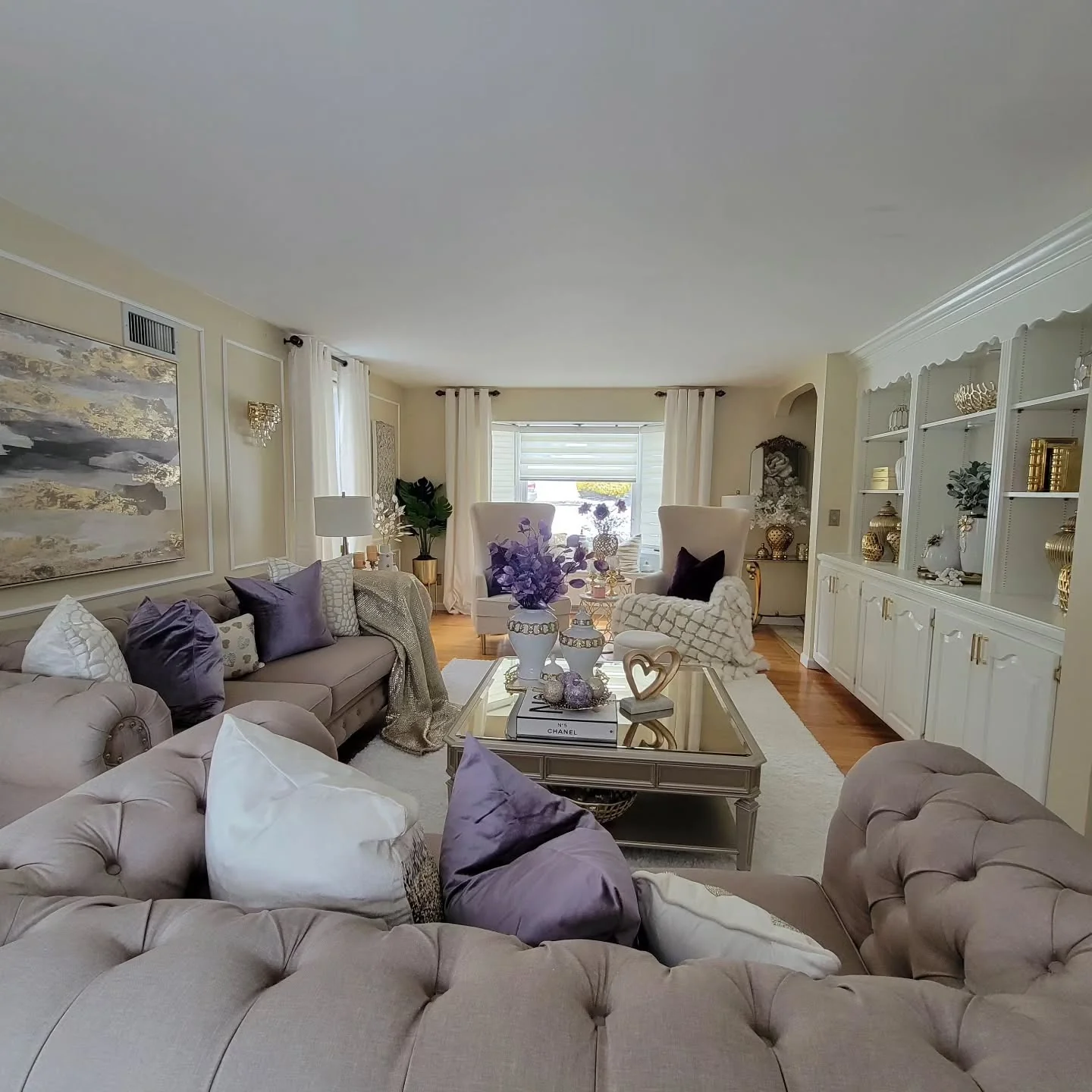 11. Lavender Elegance with Cream Accents (Glam Living Room Ideas)