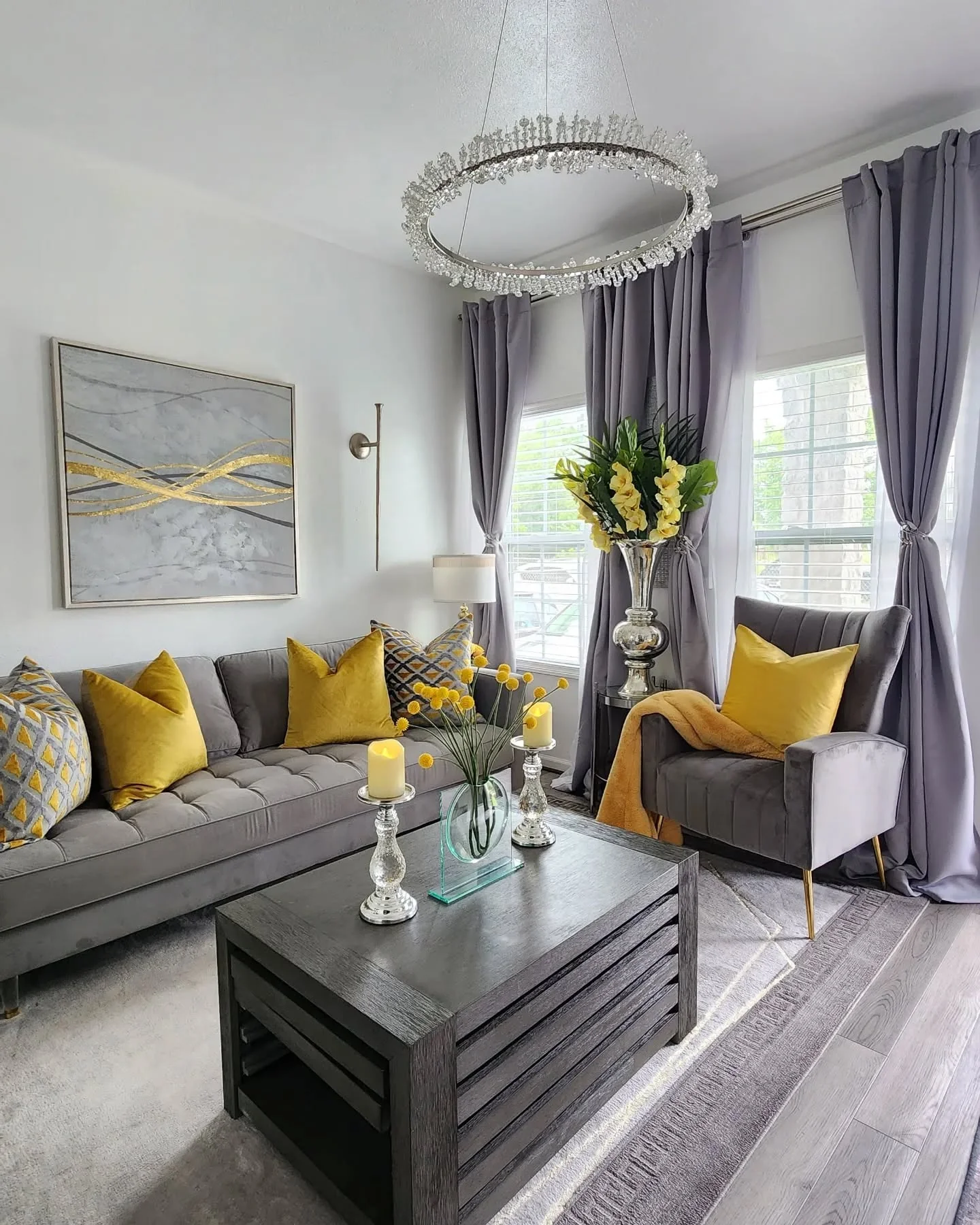 10. Bold Contrast with Mustard and Charcoal (Glam Living Room Ideas)