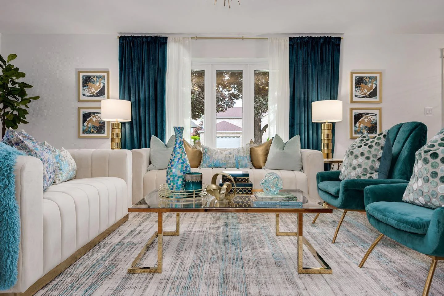 12. Teal and Ivory Glam with Mid-Century Influence (Glam Living Room Ideas)